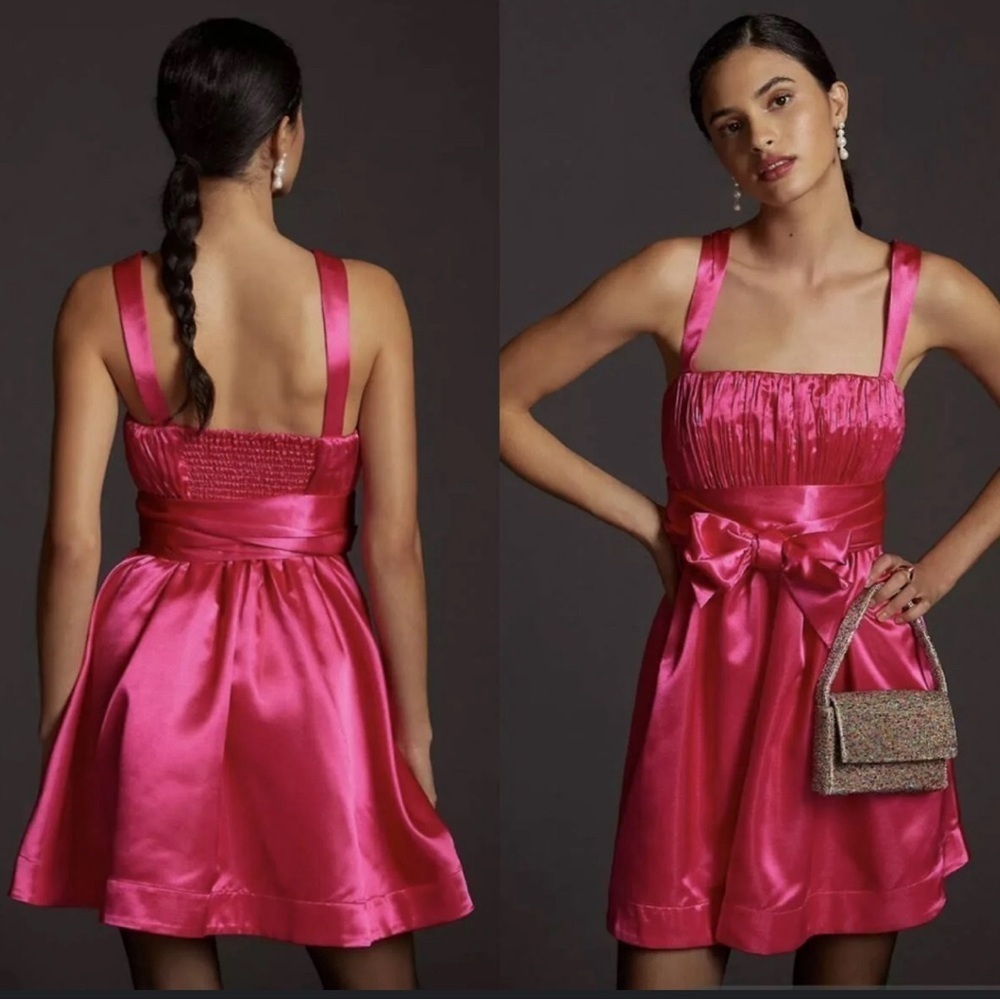 Anthropologie Maeve New Size 6 Fuchsia Pink Bow Tie Satin Mini Party Dress